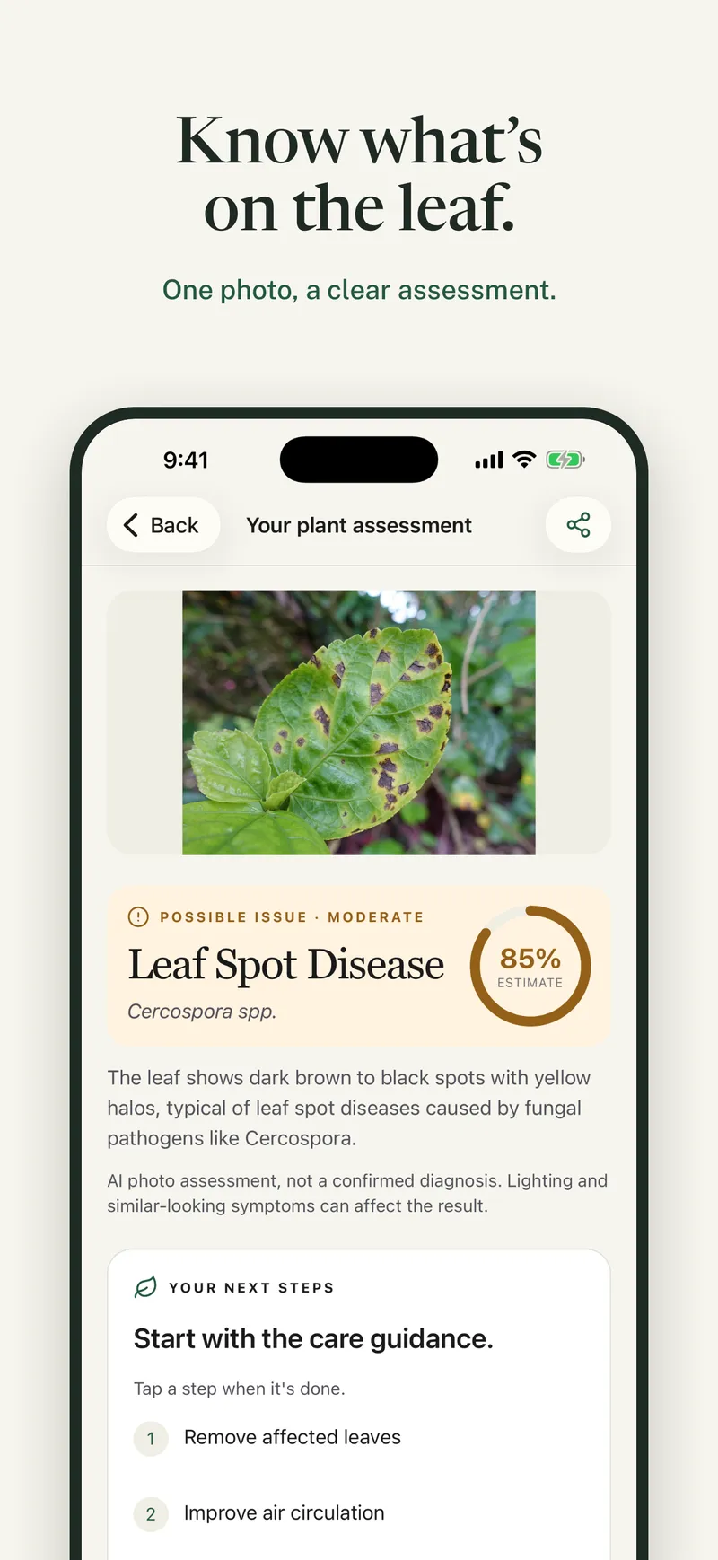 iPhone screenshot: Know what's on the leaf. One photo, a clear assessment.